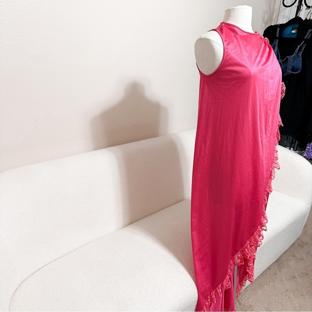 Vtg 80s Pink Coquette Satin Lace Maxi Lingerie Gown Ruffles Smocked - Picture 4 of 8